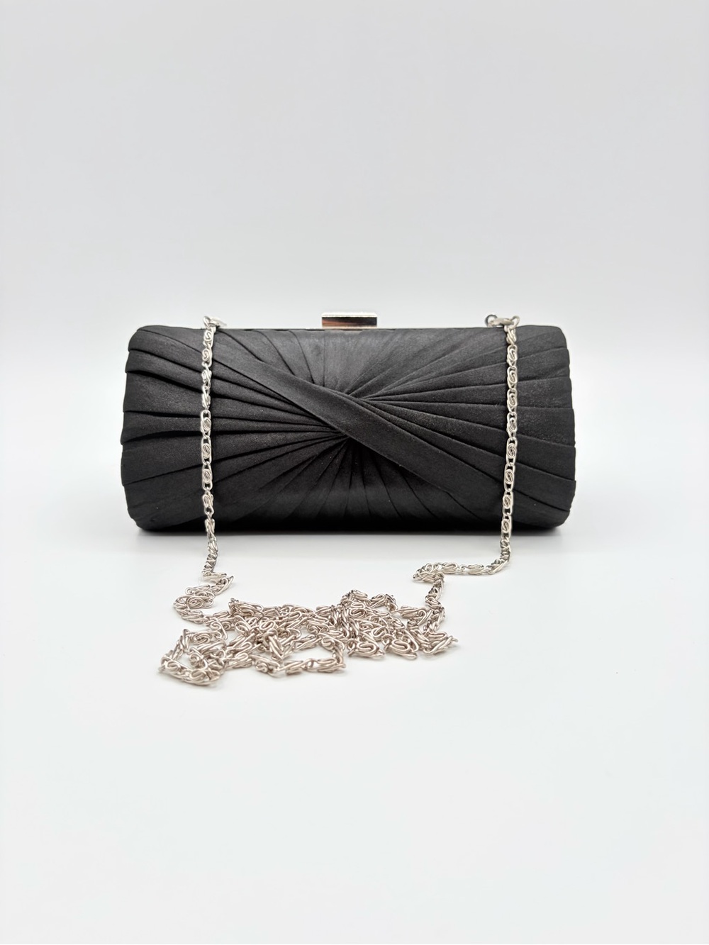 Le Chateau Black Satin Pleated Evening Clutch Chain Shoulder Bag - Picture 15 of 15
